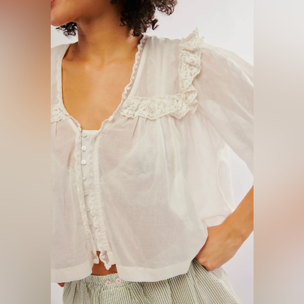 Free People Sheer White Lace-Trim Button Front Blouse - Picture 3 of 12
